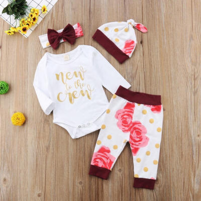 

4Pcs Neugeborene Baby Mädchen Blumen Strampler Hose Hut Outfit Set Kleidung 0-2T