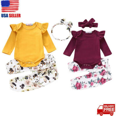 

Newborn Baby Girl Romper Tops Jumpsuit Floral Pants Headband Outfits Clothes Set