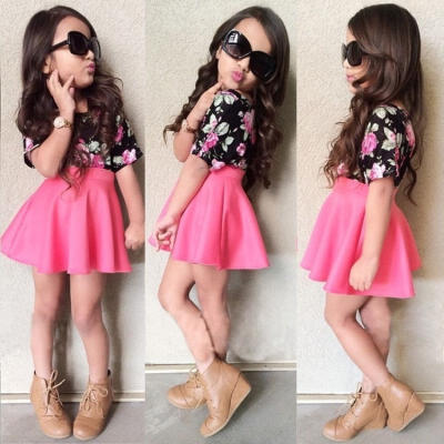 

2015 Baby Girls Summer Dress Floral Short Sleeve Tops ShirtSkirt Two Piece 2-8Y