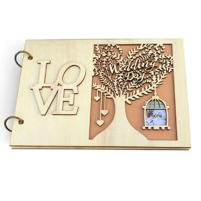 

20 Pages Wooden Wedding Supplies Portable Hollow Surface Photo Frame Notebook Guest Book