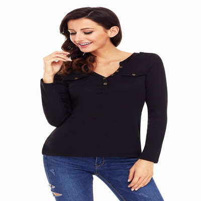 

Solid color V-neck long-sleeved side pockets multi-button casual smock