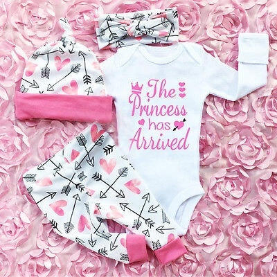 

Cute Newborn Baby Girls Princess Long Sleeve Tops Cotton Romper Long Pants Hat Outfits Clothes