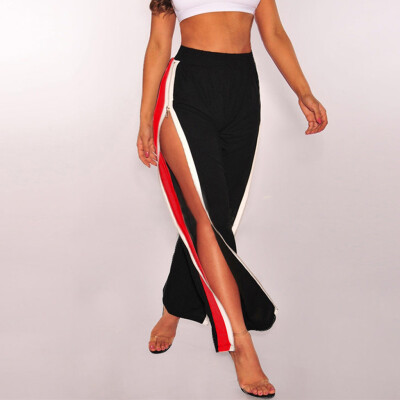 

Women Daily Causal Split High Waist Stitching Wide Loose Length Long Leg Pants