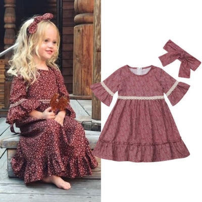 

Cotton Kids Baby Girls Dress Floral Dress Long Sleeve Party Dresses Headband 1-5T