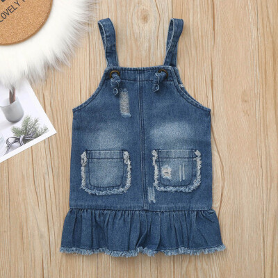 

Toddler Baby Girls Jean Sleeveless Solid Pocket Hole Denim Overalls Dress