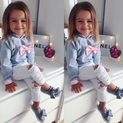 

Toddler Baby Girl Outfit T shirt Bowknot Hoodie TopHole Denims Kids Clothes Set