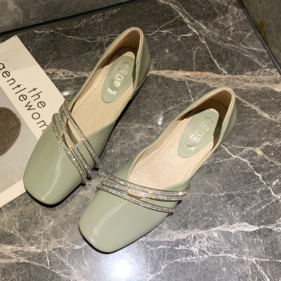 

Single shoe female ins Chao Qiu Bai with square head&shallow mouth water drill ladle shoes flat sole fashionable bean shoes