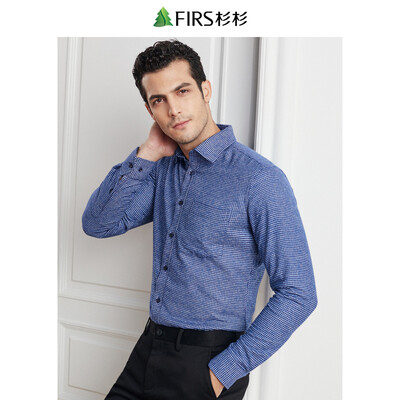 

Shanshan FIRS warm shirt male 2018 autumn&winter new houndstooth plus velvet thick long-sleeved shirt CB1380-1 dark blue 42