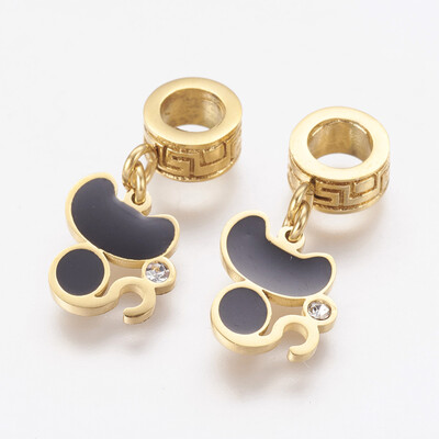 

304 Stainless Steel European Dangle Beads Large Hole Pendants with Rhinestone&Enamel Cat Golden 245mm