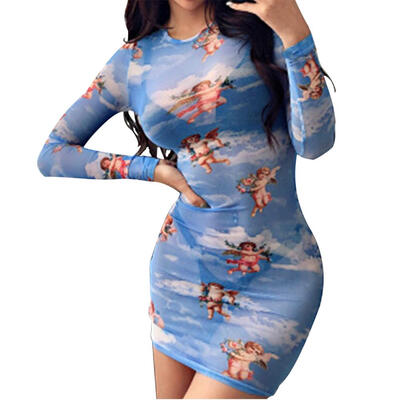 

Sexy Mesh Print Dress Women Bodycon Long Sleeve Round Neck Slim Dresses