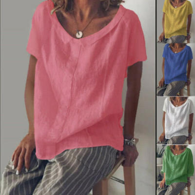 

Womens Ladies Casual Short Sleeve Baggy Solid Cotton Linen T-Shirt Tops Blouse