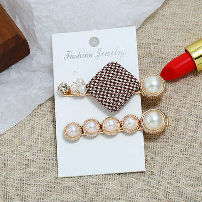 

Pearl Hair Clip Headwear Sweet Pearl Hairpin Lattice Word Clip Sid Two piece Set Pearl Alloy Resin Hairpin Headdress Accessories