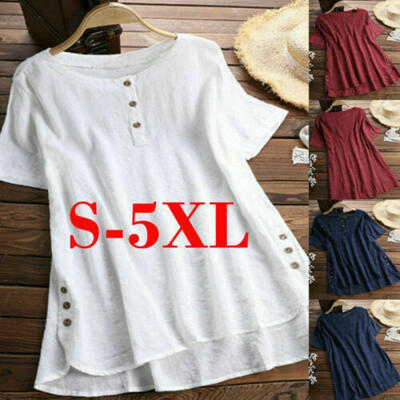 

Womens Summer Short Sleeve Blouse Ladies Cotton Linen T-shirt Tops Size -5XL