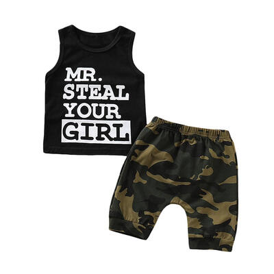 

2pcs Newborn Baby Boy Sleeveless Print T-Shirt Tops Camouflage Shorts Set