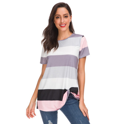 

Nomeni Women Casual Summer Fashion Unregular Stripe O-Neck Short Sleeve Blouse Tops