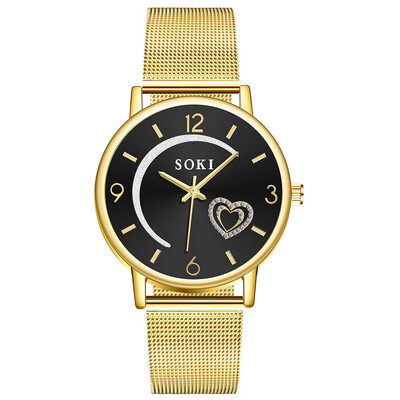 

Women Silver & Gold Mesh Love Heart Moon Dial Wristwatches Fashion Casual Womens Steel Quartz Watches Relogio Feminino Hot 533