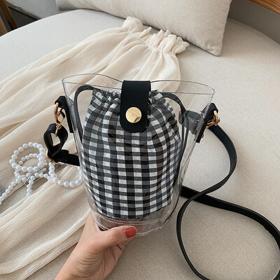 

Qiao Bani 2019 new Korean chic fashion transparent lattice bucket bag shoulder diagonal trend handbags wholesale