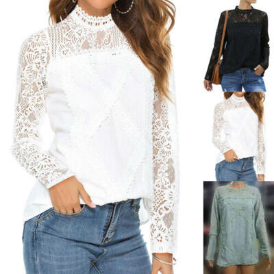 

Women Solid Loose Long Sleeve Casual Blouse Shirt Tops Lace Floral T-Shirts New