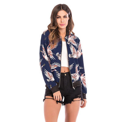 

Women Basic Jacket Flying Crane Printed Zip Casual Baseball Sweatshirt Coat