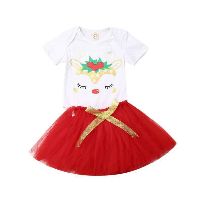 

Christmas Baby Girl Red Tutu Skirt Outfits Infant Deer Printed Short Sleeve BodysuitsTulle Dress Clothes Outfits 0-24M