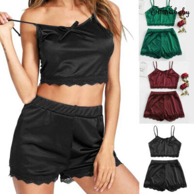 

Women 2pcs Set Jumpsuit Sexy Lingerie Pajamas Sets Silk Satin Crop Tops&Shorts