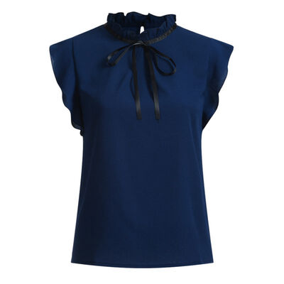 

Womens Short Sleeve Turtleneck Solid Bow Ruffles Chiffon Blouse