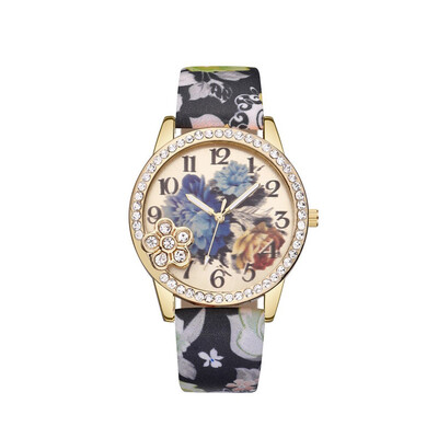 

Vintage Fresh Floral Pattern With Rhinestone Womens Watches Bayan Kol Saaty Fashion Simple And Cool Relojes Para Mujer