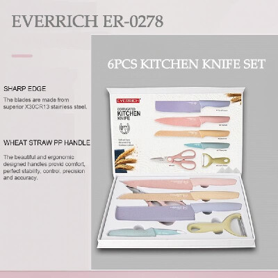 

EVERRICH ER-0278 6PCS Kitchen Knife Set Corrugated Colorful Stainless Steel Chef Knife Bread Knife Cleaver Scissors for Kitchen Ba