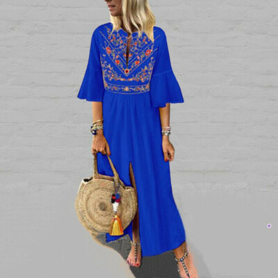 

Women Cotton Linen Maxi Dress Short Sleeve Casual Boho Kaftan Tunic Plus Size