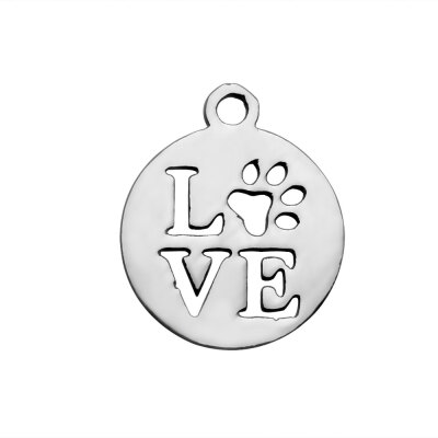 

304 Stainless Steel Charms Flat Round with Word Love Stainless Steel Color 14x12x1mm Hole 15mm