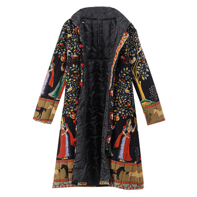 

Toponeto Women Winter Loose Long Sleeve Vintage Print Button Long Maxi Coats Outwear