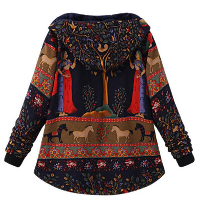 

Toponeto Women Winter Loose Cotton Warm Printed Pockets Thicker Hasp Hooded Coat Outwear