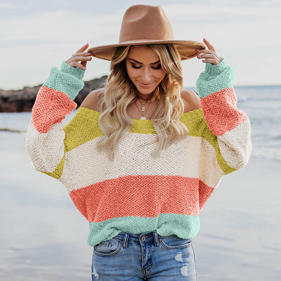 

〖Follure〗Womens Fashion Casual Slim Fit Long Sleeve Stripe Slash-neck Knitted Sweater