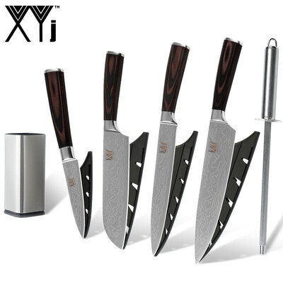 

XYj Stainless Steel Kitchen Knife Cooking Tools 8" inch Knife Holder Sharpener Bar Fruit Santoku Slicing Chef Knife Set