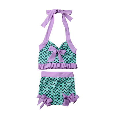 

Toddler Girl Mermaid Swimsuit Bikini Set Halter TopsRuffle Bottoms Swimming Set