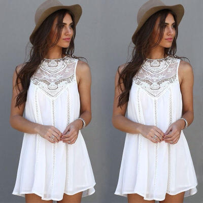 

Women Lace Sleeveless Long Tops Blouse Shirt Ladies Beach BOHO Mini Dress 6-16