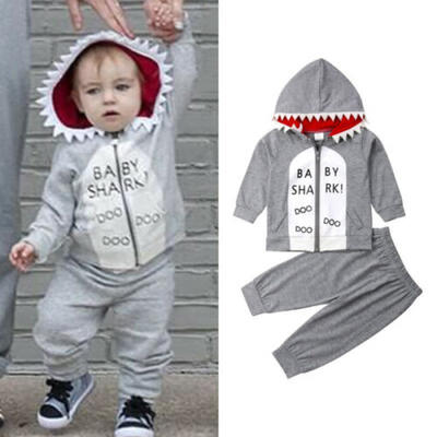 

UK Toddler Kids Baby Boy Shark Clothes Zipper Hoodie Tops Pants Outfits 2Pcs Set