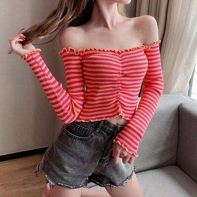 

Sexy Slash Neck T-shirt Long Sleeve Knitted Top Summer Cropped Top Women Striped Tee Shirt