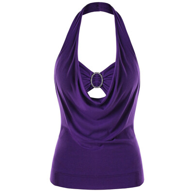 

Roseonmyhand Women Vest Fashion Plus Size Solid Sleeveless Embellished Halter Neck Tank Top