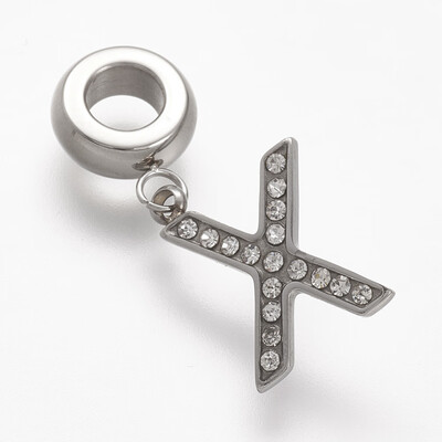 

304 Stainless Steel European Dangle Beads with Rhinestone LetterX 245mm Hole 45mm 12x10x15mm