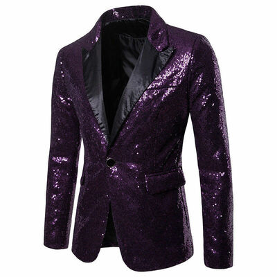

Men V-neck One Button Blazer Suit Party Wedding Glitter Sequin Shiny Coat Jacket