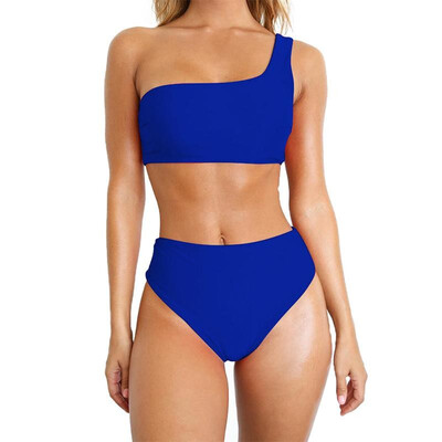

Women Two Pieces Swimsuit One Shoulder Solid Bikini Set Bathing Swimwear