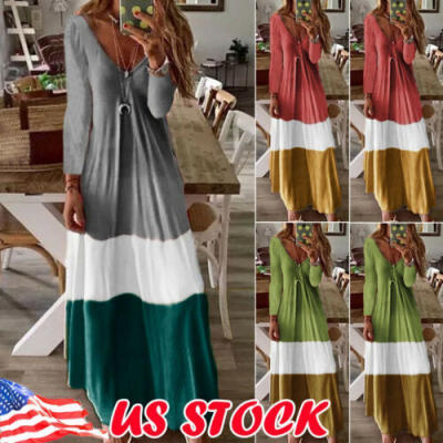 

Women Boho V-Neck Maxi Dress Long Sleeve Casual Kaftan Tunic Plus Size US