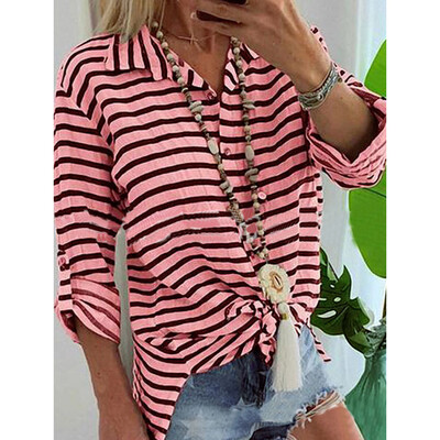 

Starmoon Women Summer Long Sleeve V-neck Striped Casual Loose Plus Size Shirts