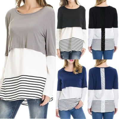 

USA Women Maternity Breastfeeding Tee Nursing Tops Striped Long Sleeve T-shirt