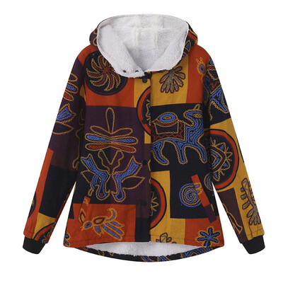 

Toponeto Women Winter Warm Outwear Hooded Floral Print Pocket Vintage Oversize Coat BUL