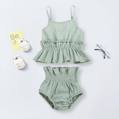 

US Newborn Kid Baby Girl Linen Ruffle Top Shorts Pants Outfit Summer Clothes Set