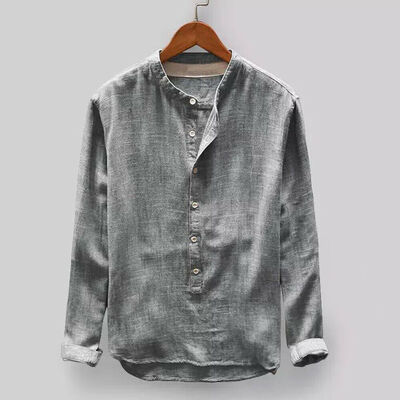 

Mens Linen Long Sleeve Shirt Summer Cool Loose Casual V-Neck Shirts Tops -3XL