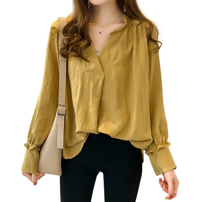 

Women Casual Concise Comfortable Sweet V-neck Solid Color Ruffled Long Sleeve Blouse