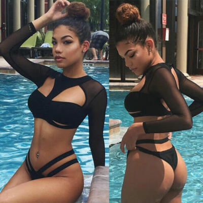 

US Sexy Women Mesh Long Sleeve Bikini Push-Up Padded Swimsuit Beachwear Swimwear